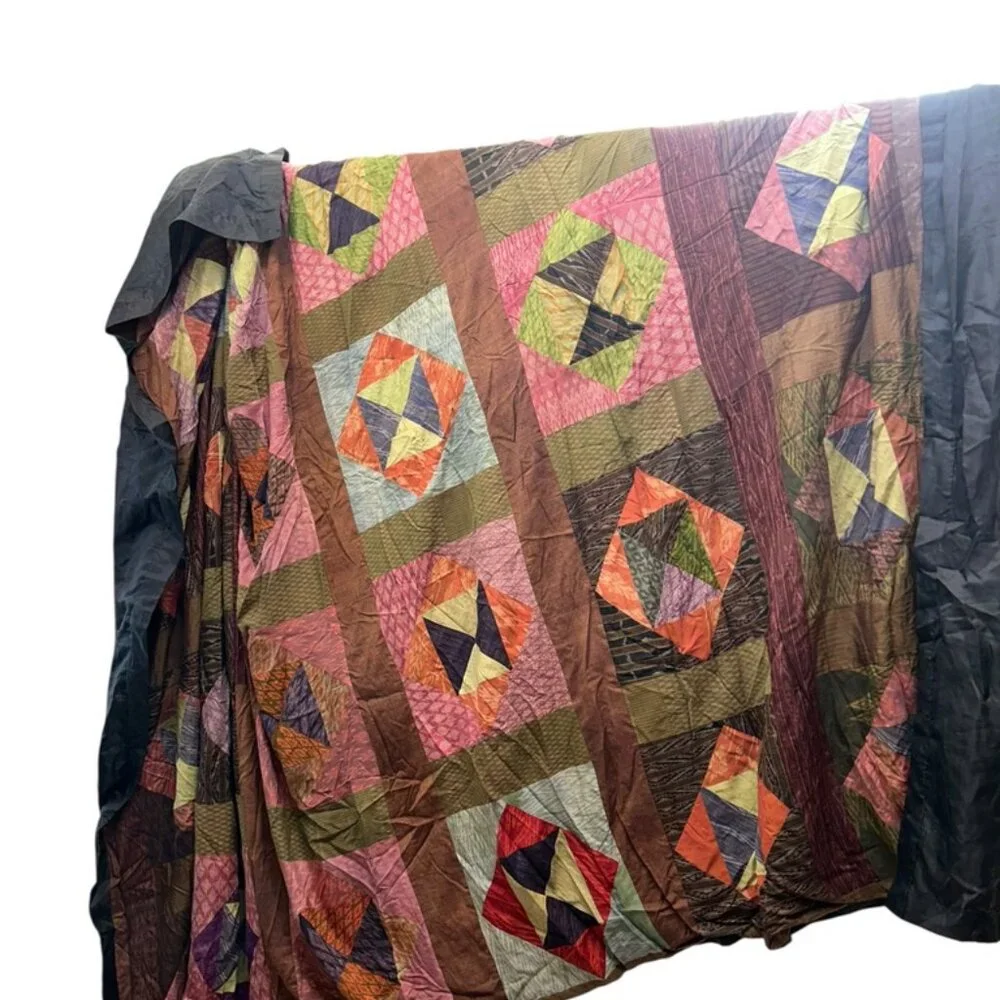 Indian Silk Pathwork quilt coverlet bedspread multicolor earthy  QUEEN
